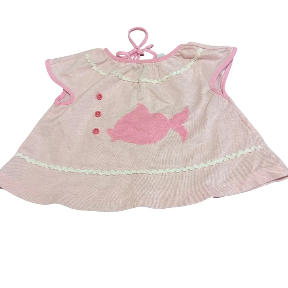 Vintage Carters Pink Fish Rickrack Baby Top 12 Months Cotton 1970s or 80s Retro